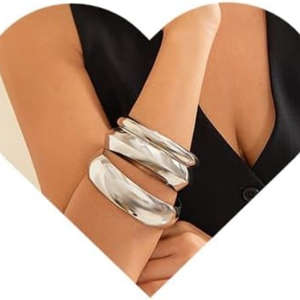 Silver alloy wide chunky cuff bracelets set, 3 pcs, gift-ready